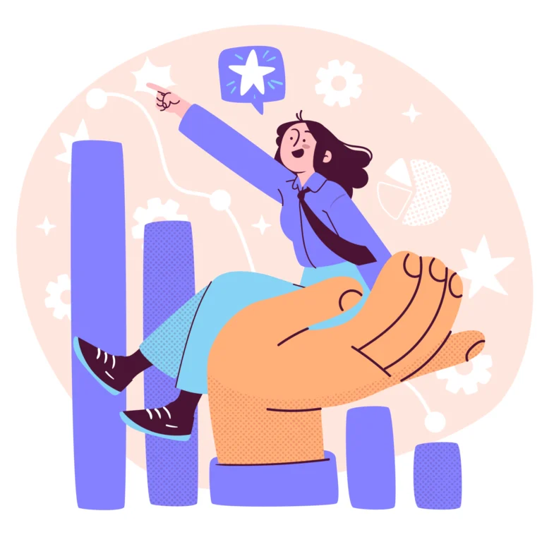 Illustration of a woman sitting on a giant hand, pointing at a star icon, surrounded by bar charts and abstract shapes, symbolizing support, growth, and achievement.