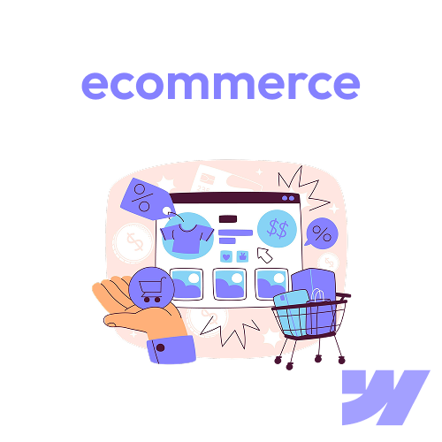 Illustration of an online shopping interface with e-commerce icons, a hand holding a cart, and the WebFlow logo in the corner.