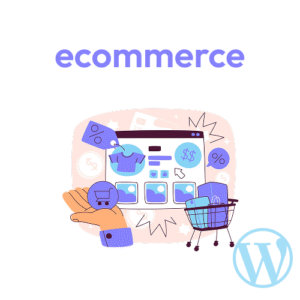 Illustration of an online shopping interface with e-commerce icons, a hand holding a cart, and the WordPress logo in the corner.