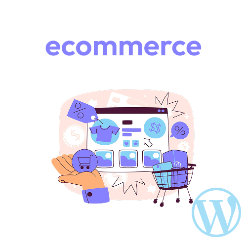Illustration of an online shopping interface with e-commerce icons, a hand holding a cart, and the WordPress logo in the corner.