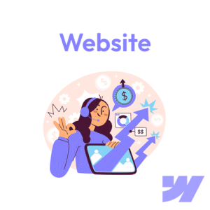 Illustration of a woman with headphones holding a tablet, surrounded by icons of money, growth charts, and the WebFlow logo, with the word "Website" above.