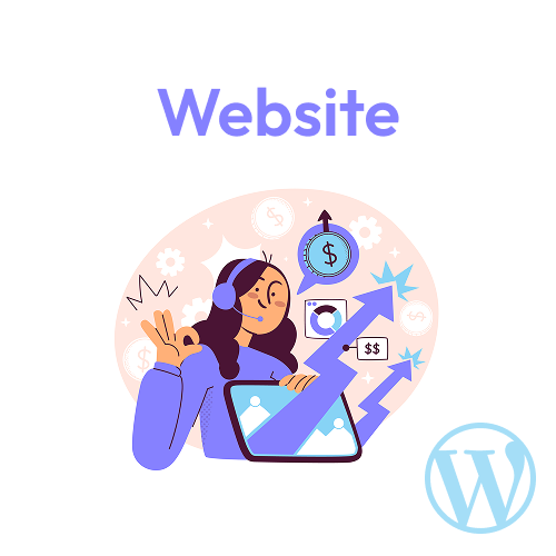 Illustration of a woman with headphones holding a tablet, surrounded by icons of money, growth charts, and the WordPress logo, with the word "Website" above.