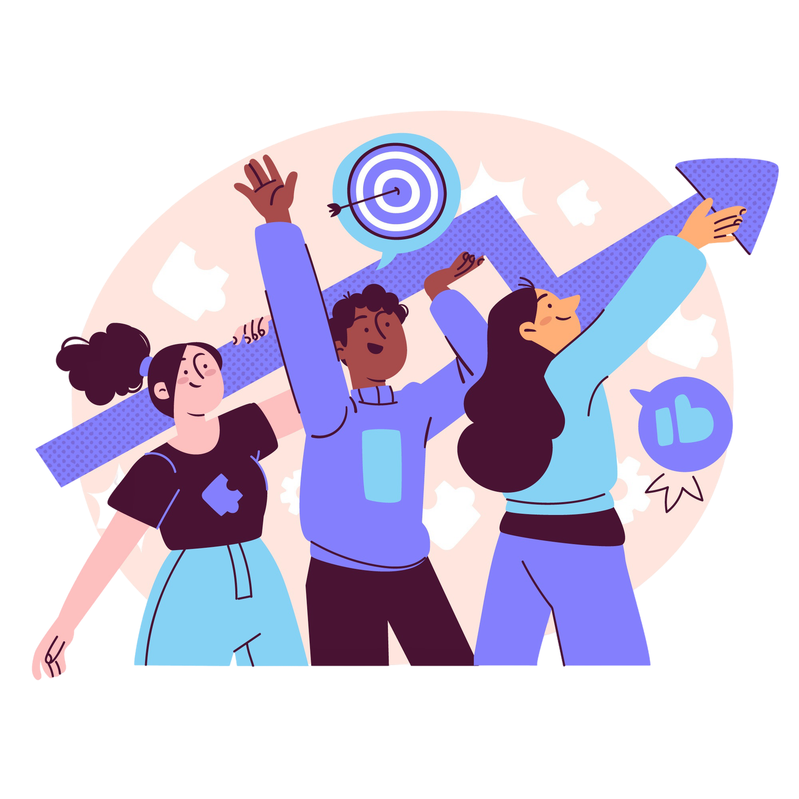 Three diverse people celebrate while holding a large upward arrow, with a target and thumbs-up icons in the background, symbolizing success and teamwork.