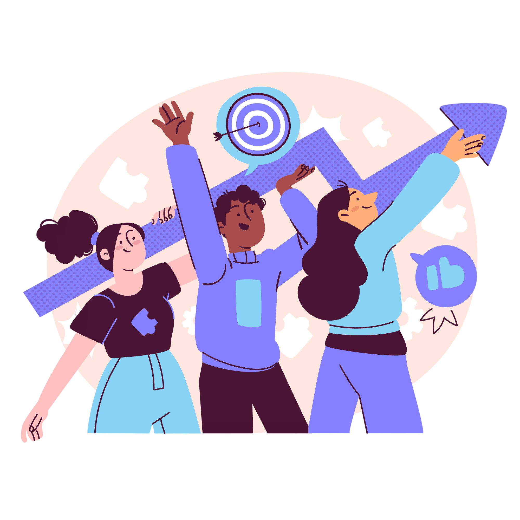 Three diverse people celebrate while holding a large upward arrow, with a target and thumbs-up icons in the background, symbolizing success and teamwork.