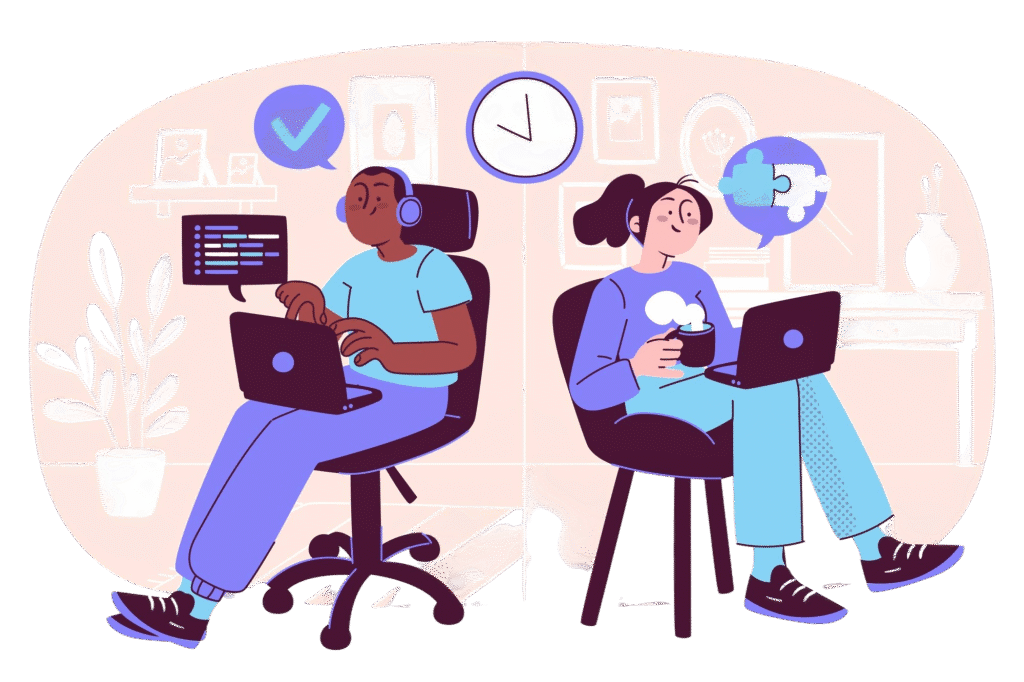 Two people sit back-to-back at desks, each using a laptop. One types with headphones and code on screen; the other holds a mug, thinking with a puzzle cloud above. A clock and home decor are in the background.