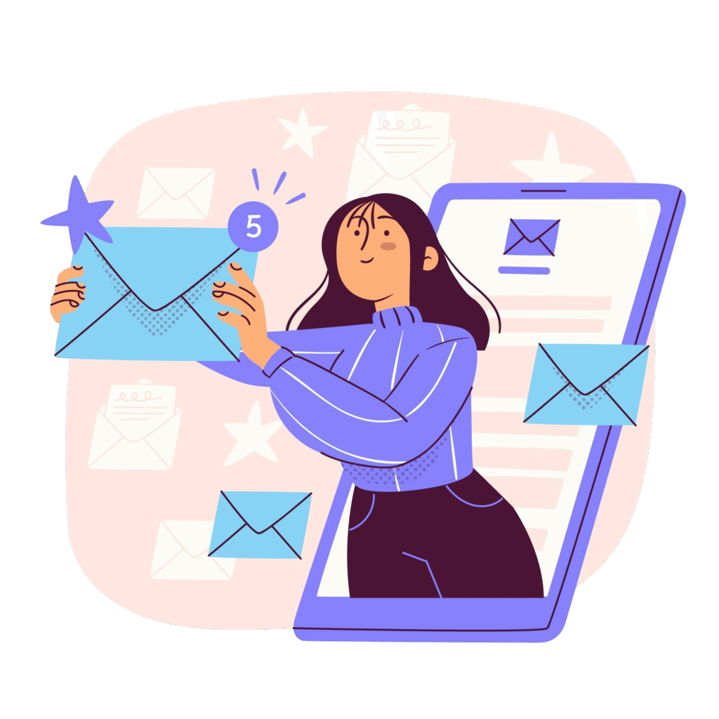 Illustration of a woman emerging from a smartphone screen, holding a large envelope with a notification showing 5 new messages. Several envelopes are floating around her, representing email or messaging.
