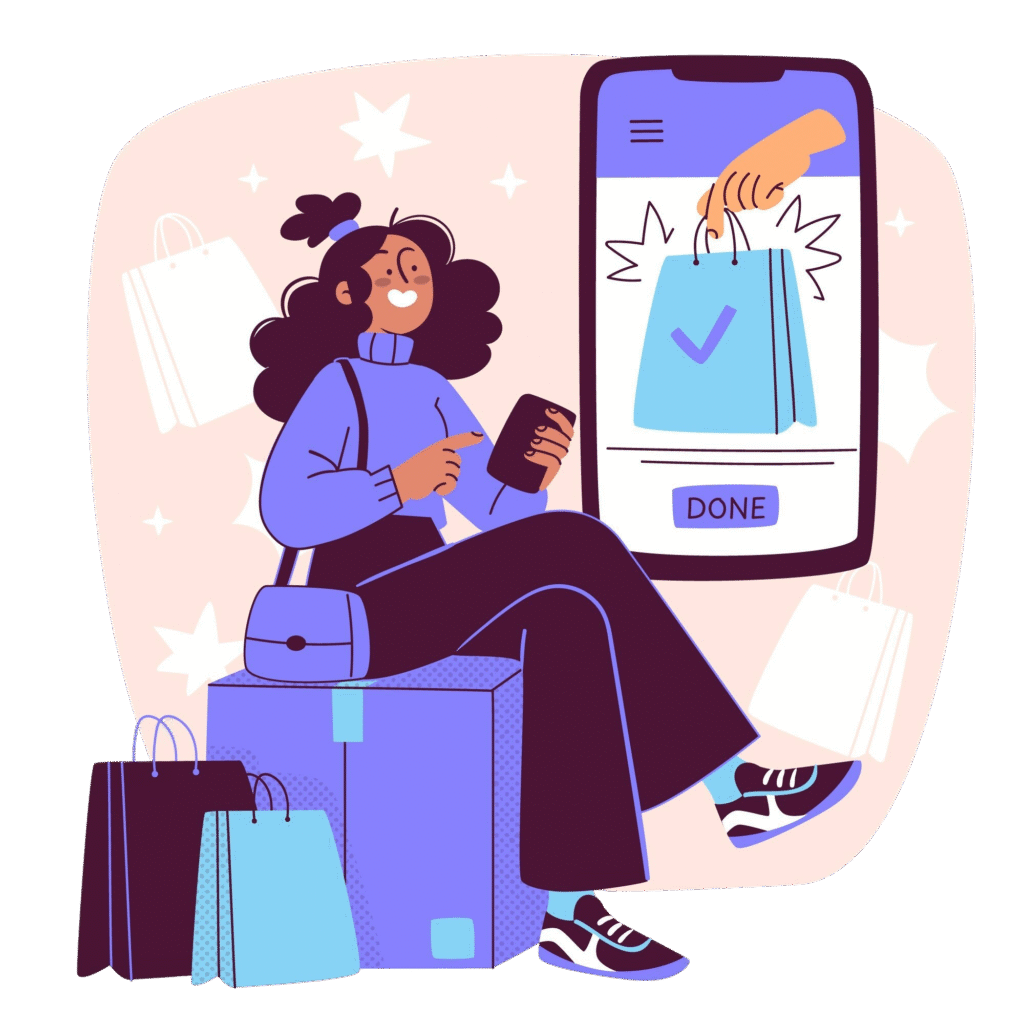 A woman holding a phone sits on shopping bags, smiling. Behind her, a large smartphone screen shows a hand delivering a shopping bag with a check mark and a DONE button, representing successful online shopping.