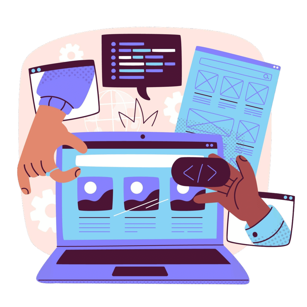 Illustration of hands designing a website on a laptop, with code, images, and wireframes displayed on screens and paper, representing web development and design collaboration.