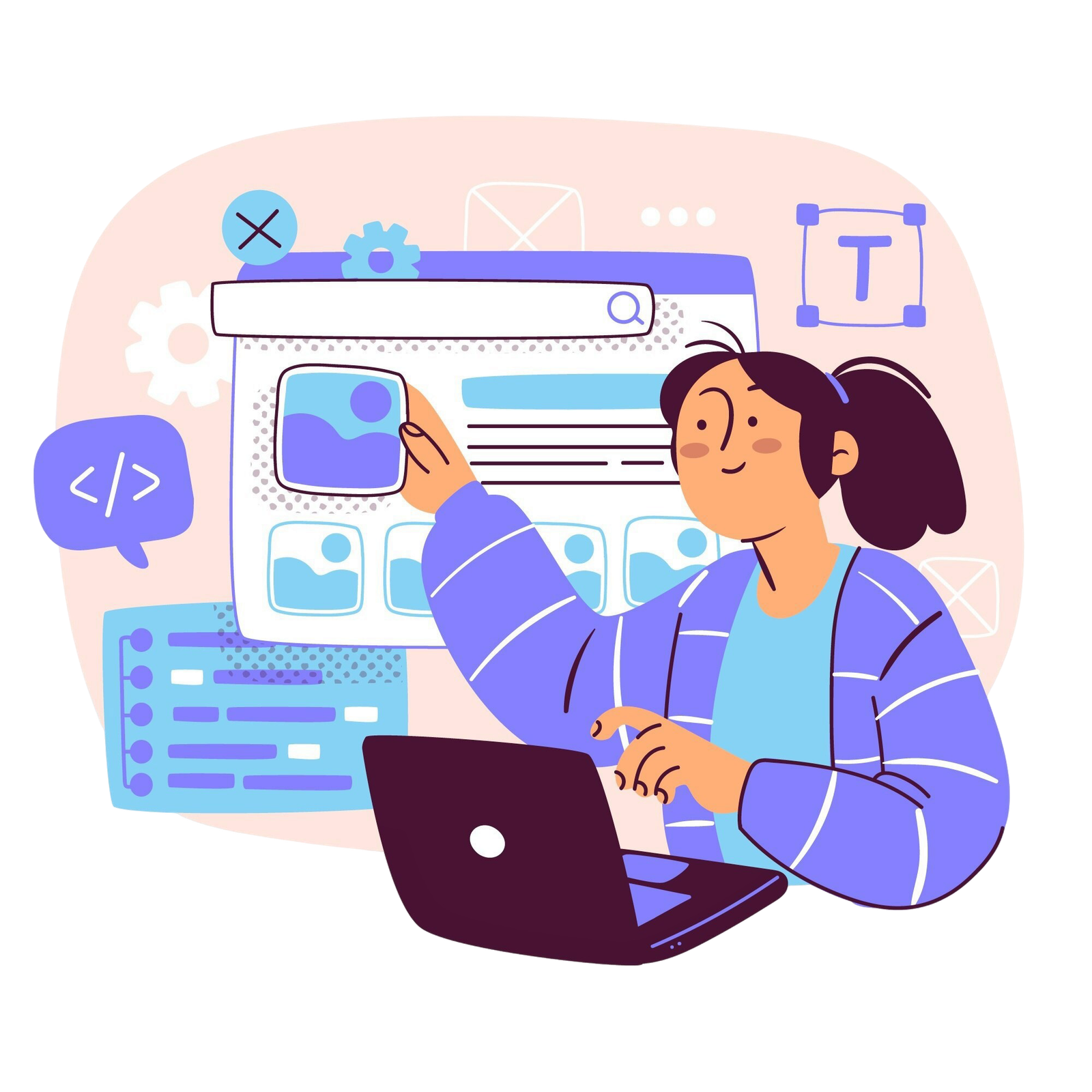 An illustrated person sits in a chair with a laptop, interacting with a large web design interface on a screen. Icons, image placeholders, and design elements surround them.