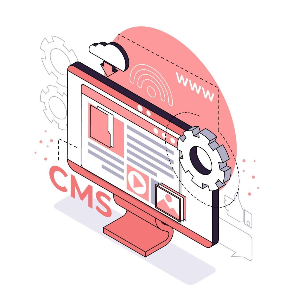 A computer monitor with CMS text, a cloud, a gear, and a www symbol in a white background