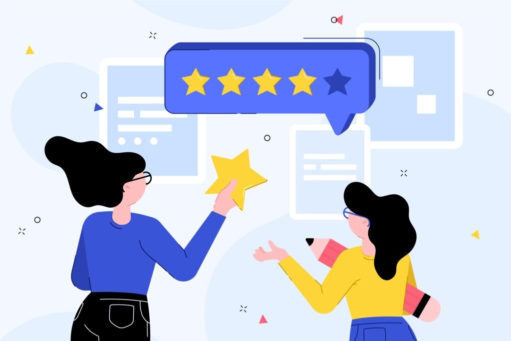 Two women with glasses , one holding a star and the other a pencil , with a four-star review speech bubble in a light blue background