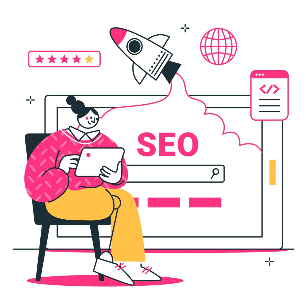 A young woman with a tablet sitting in a chair in front of a giant tablet with a rocket and the word SEO