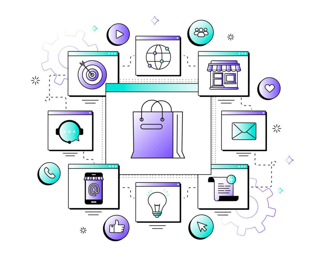 A shopping bag surrounded by icons representing online marketing, with a purple background and a color palette of purple, light blue and white