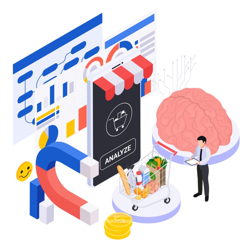 A shopping cart full of groceries , a brain , a man in a suit with a clipboard , a magnet , a smartphone with a store icon and a graph in the background