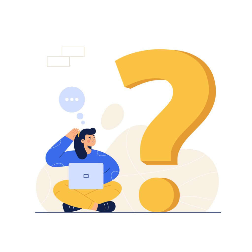 Illustration of a person sitting cross-legged with a laptop, scratching their head in confusion next to a large yellow question mark, pondering Landing Page vs. Website: Key Differences and Strategic Uses. Speech bubble with three dots appears above their head.