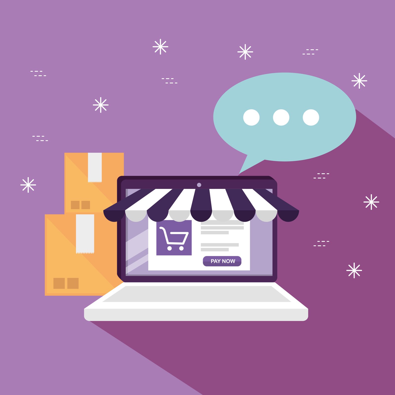 A laptop with a shopping cart icon on the screen and a speech bubble above it, cardboard boxes on the side, purple background
