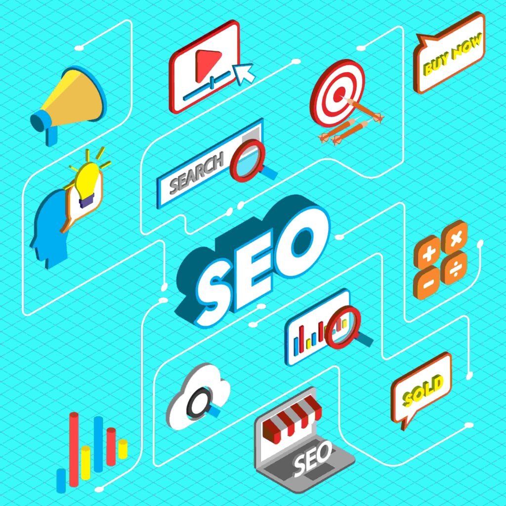 Isometric illustration featuring “SEO” text in the center, ideal for a beginner SEO guide. Surrounded by icons like a megaphone, target, and search bar, all linked on a blue grid—perfect for SEO for beginners visuals.