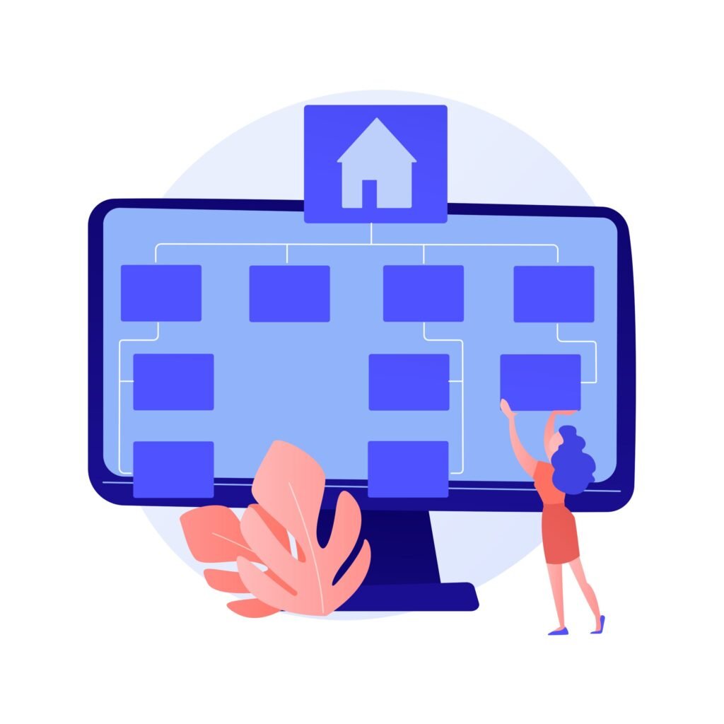 Illustration of a person arranging boxes on a large computer screen displaying an organizational chart with a house icon at the top, symbolizing website structure or family tree. Pink plant decorates the foreground.