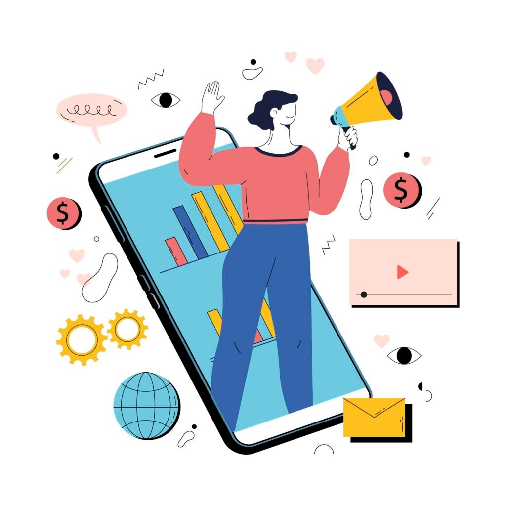 Illustration of a woman holding a megaphone inside a smartphone, surrounded by icons like gears, dollar signs, and more—perfect for landing page marketing visuals or promoting strategies to drive traffic to landing page campaigns.