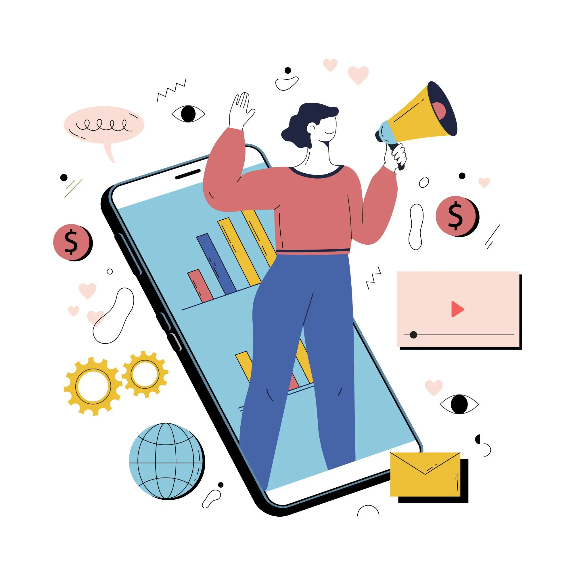 Illustration of a woman holding a megaphone inside a smartphone, surrounded by icons like gears, dollar signs, and more—perfect for landing page marketing visuals or promoting strategies to drive traffic to landing page campaigns.